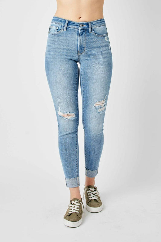 Judy Blue Mid-Rise Destroyed Skinny Jeans – Medium Wash Cuffed Ankle Denim
