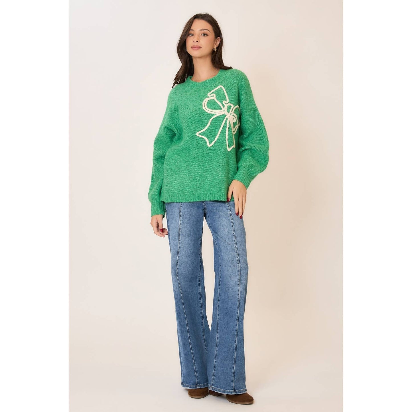Soft Brushed Embroidered Bow Knit Sweater
