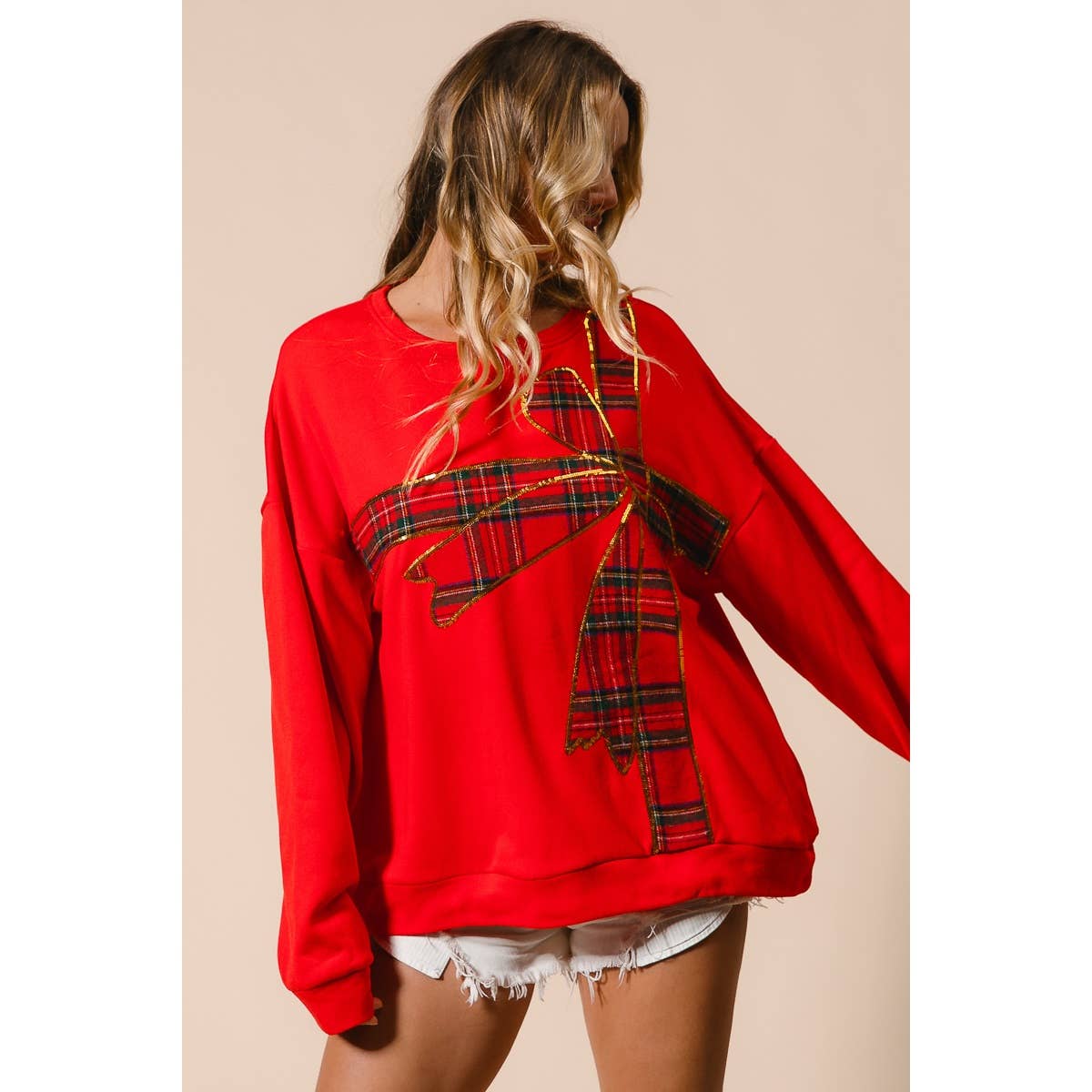 Christmas Plaid Bow Oversized Fleece Sweatshirt