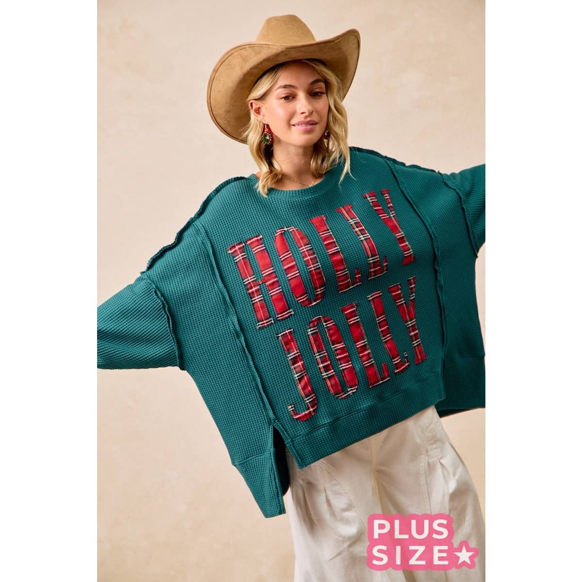 Holly Jolly Plaid Oversized Waffle Knit Christmas Sweatshirt