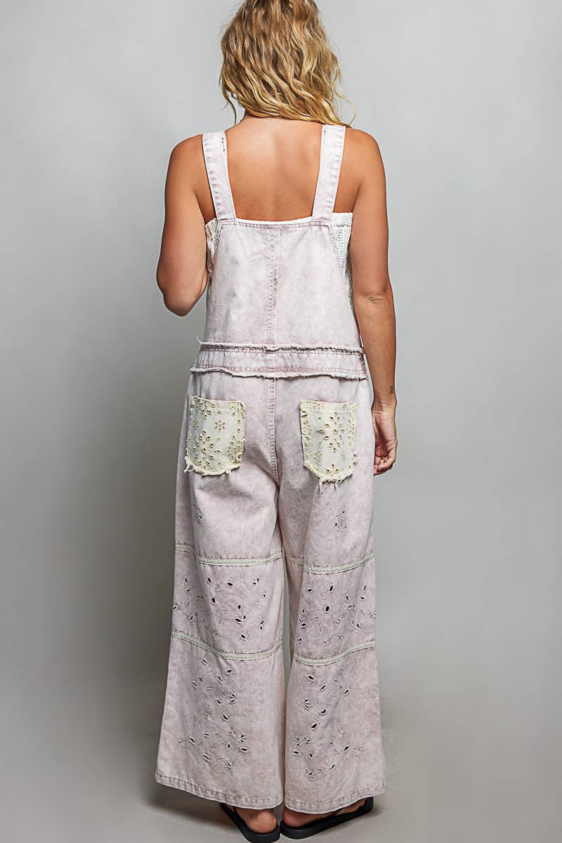 Laser-Cut Trim Accent Twill Denim Wide Leg Overalls