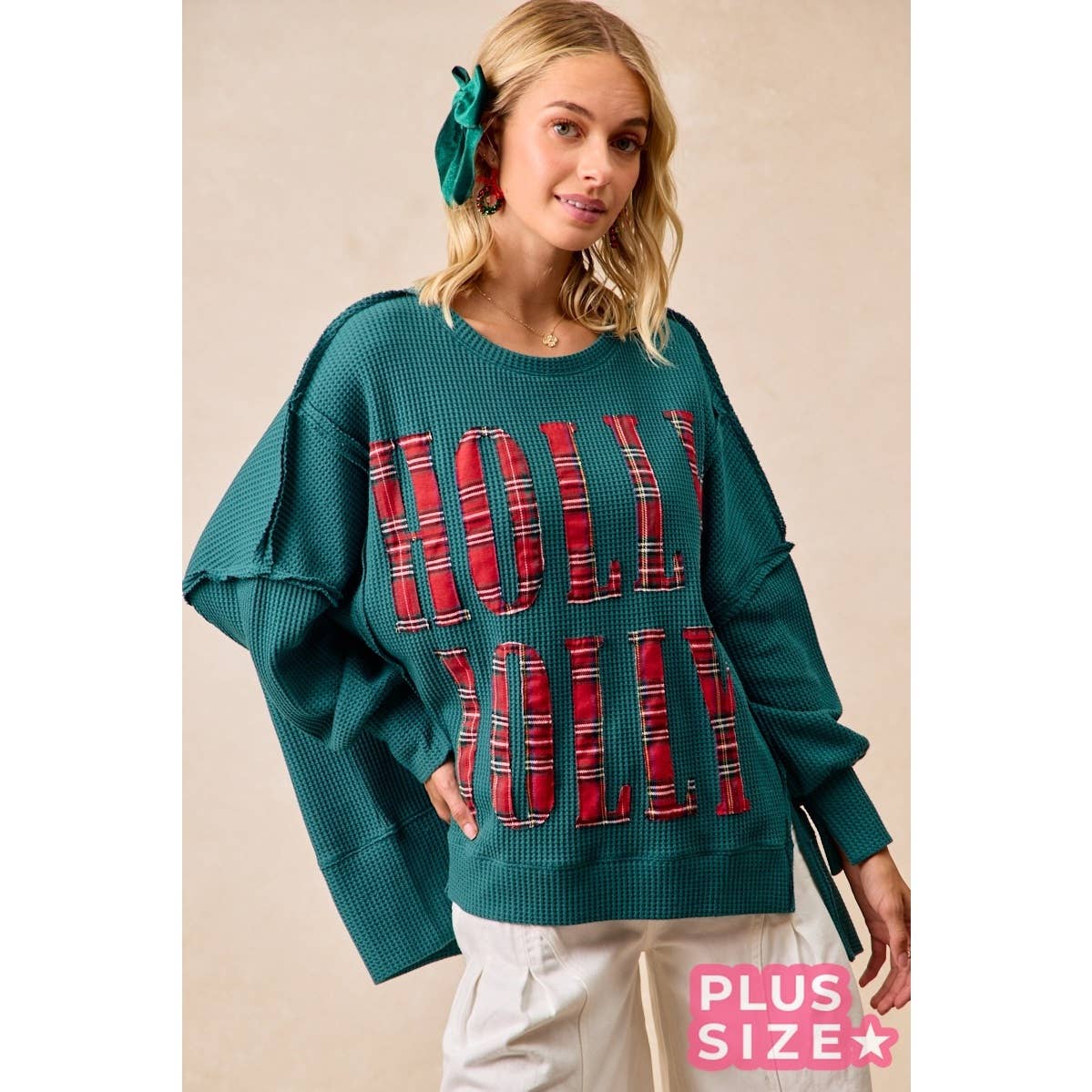 Holly Jolly Plaid Oversized Waffle Knit Christmas Sweatshirt