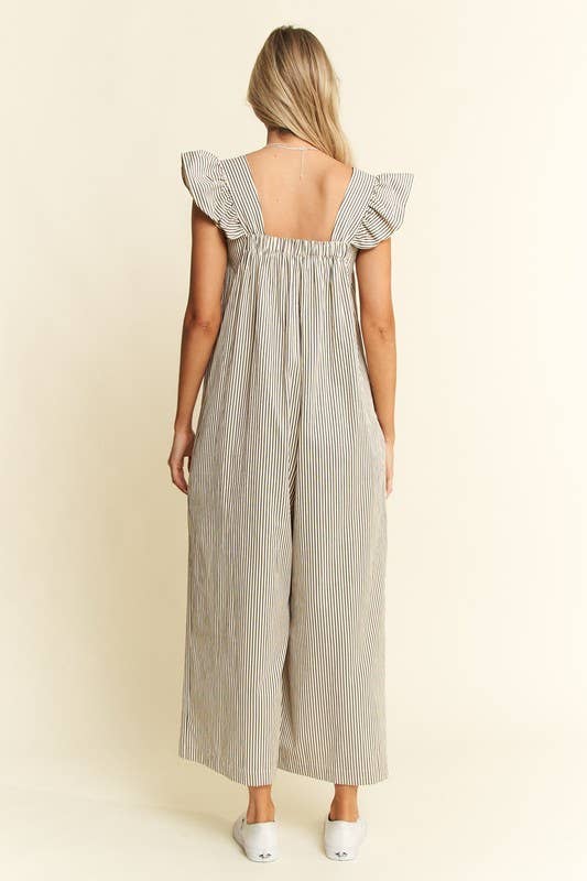 STRIPE SLEEVELESS RUFFLE JUMPSUIT