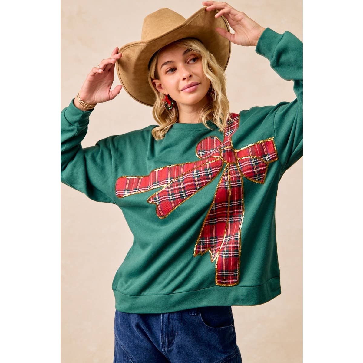 Christmas Plaid Bow Oversized Fleece Sweatshirt