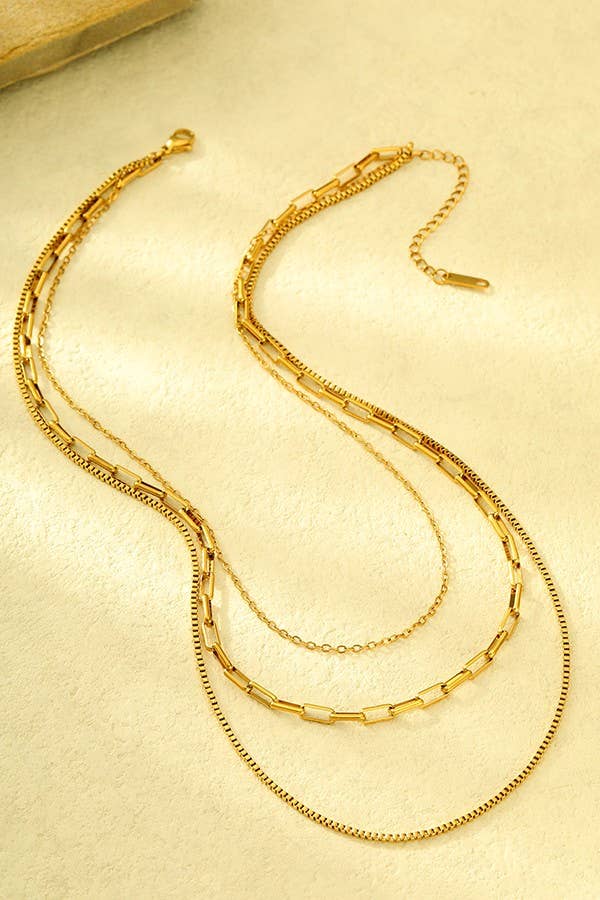 Gold Stainless Steel Layered Link & Box Chain Necklace