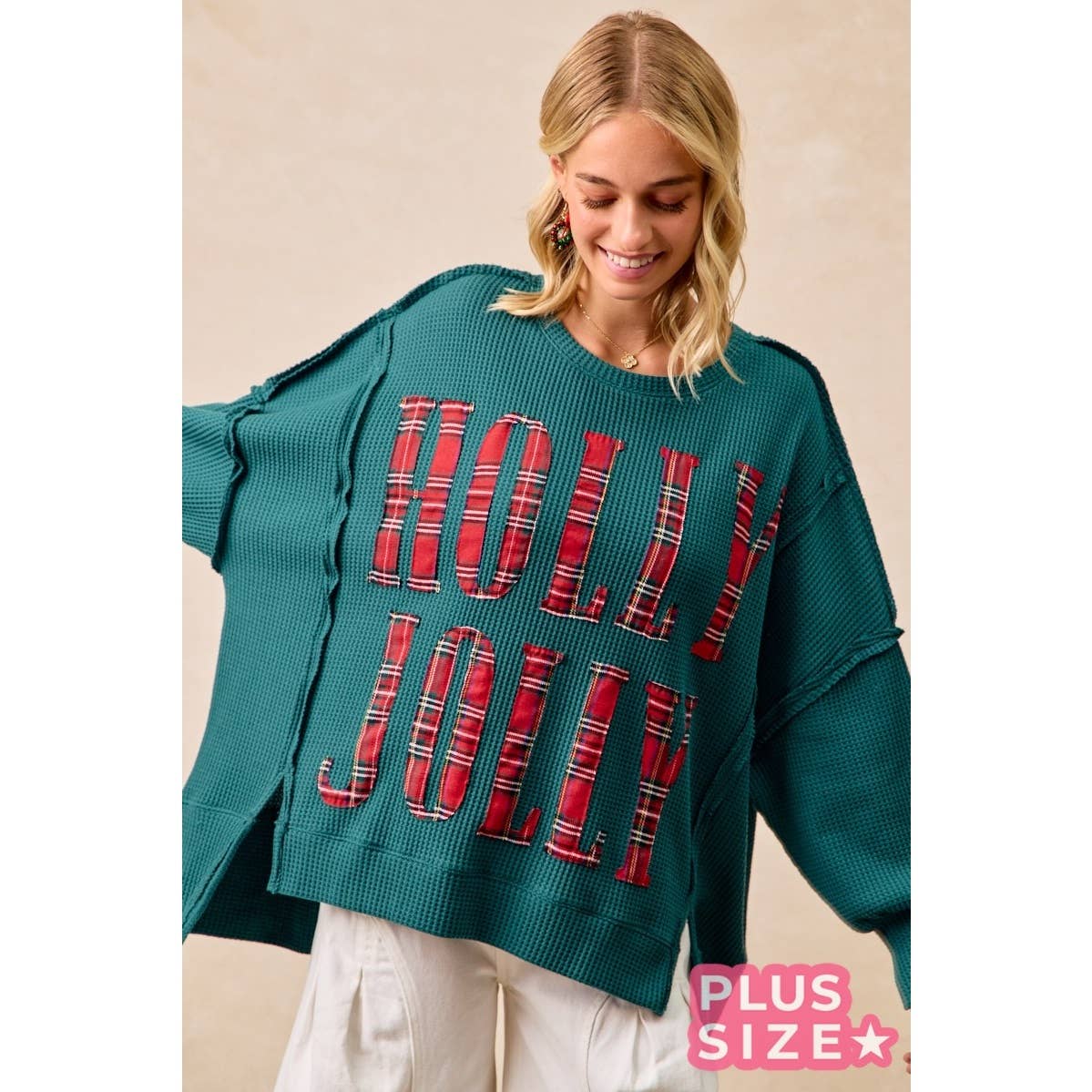 Holly Jolly Plaid Oversized Waffle Knit Christmas Sweatshirt