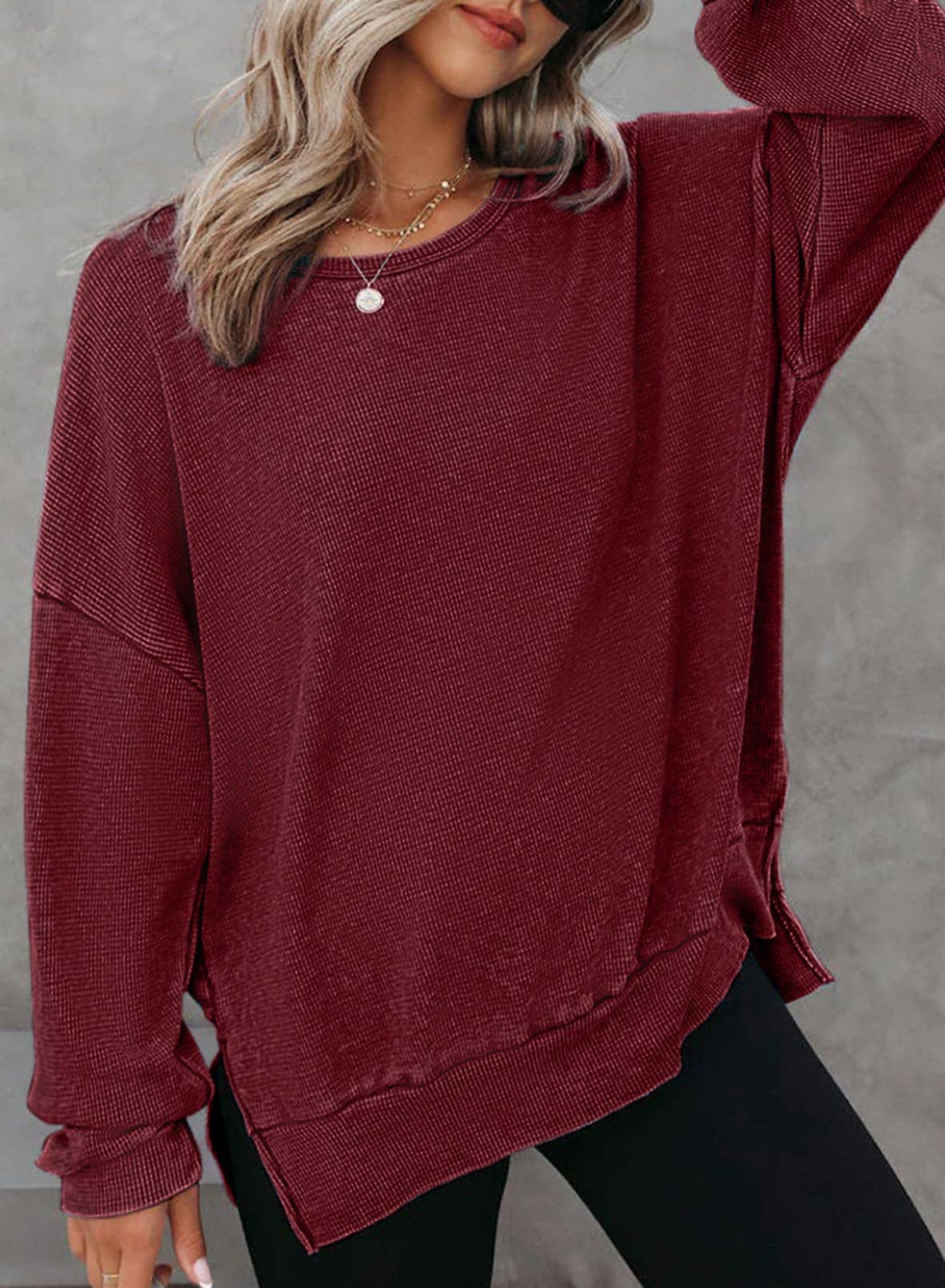 Solid Waffle Top Casual Oversized Drop Shoulder Pullover