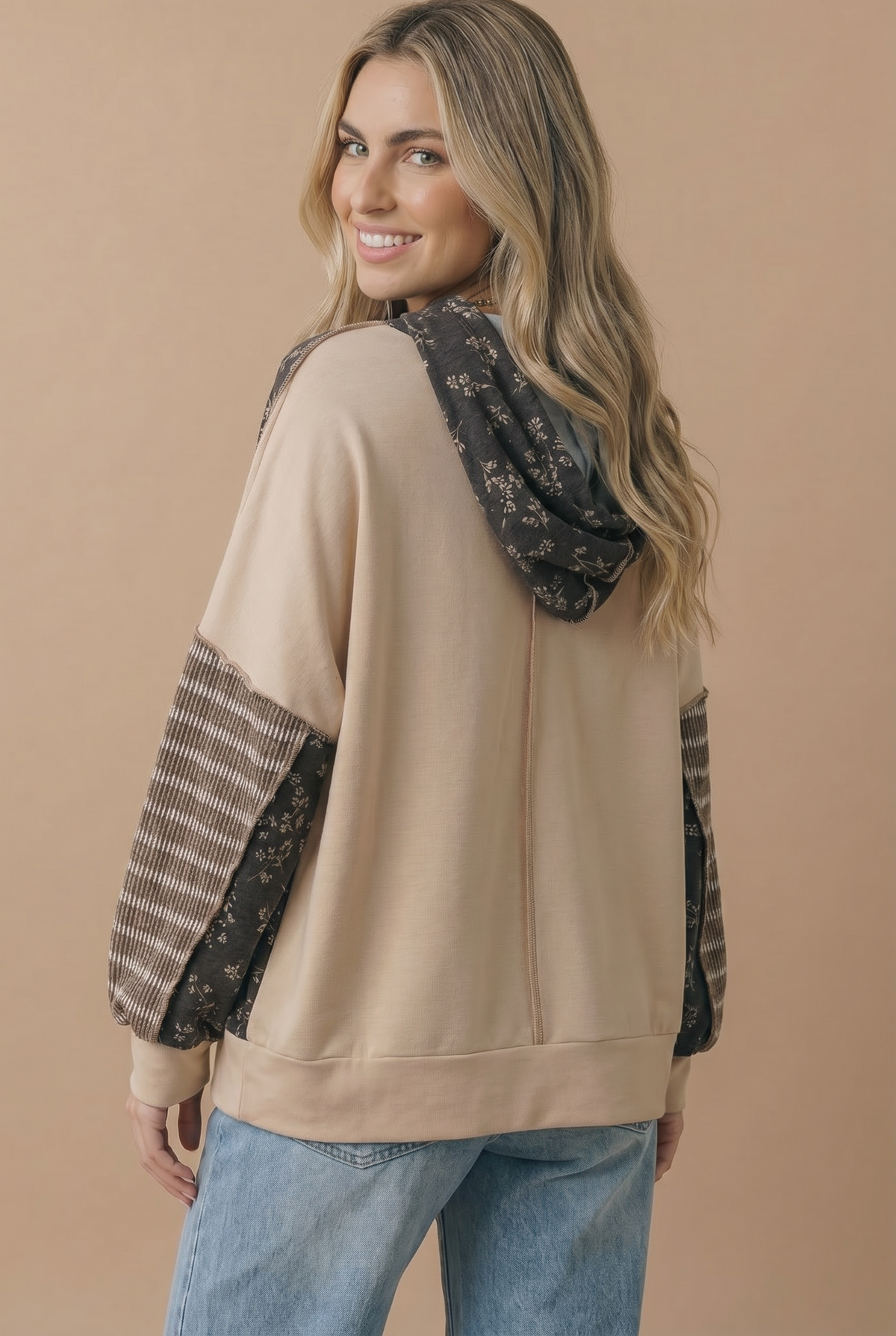 Mocha Floral Patchwork French Terry Hoodie