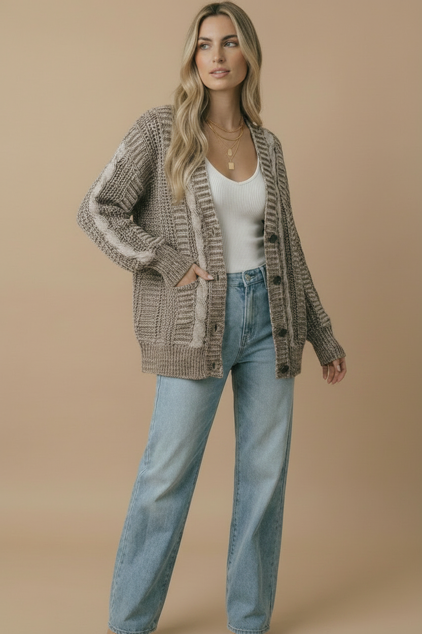 Two-Tone Chunky Cable Knit Button-Down Cardigan
