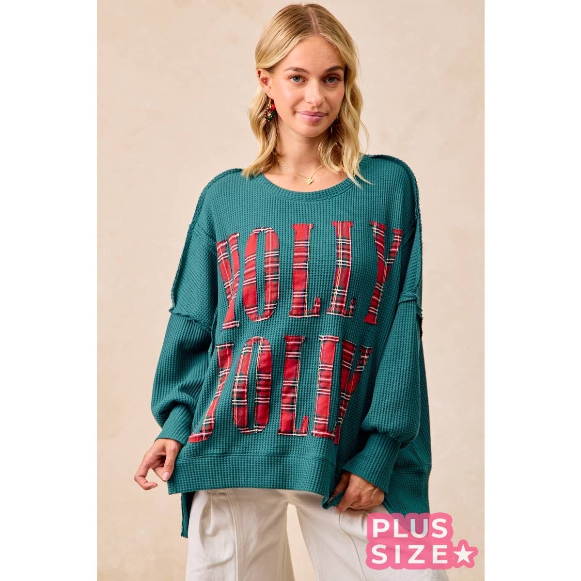 Holly Jolly Plaid Oversized Waffle Knit Christmas Sweatshirt