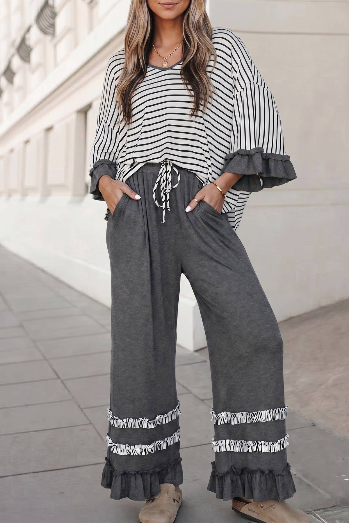 Ruffle & Stripe Wide Leg Pant Set