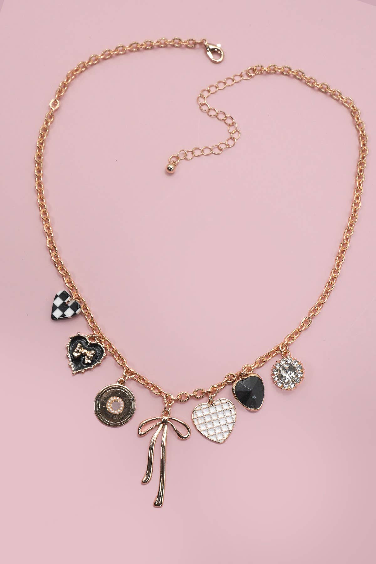 Checkered Hearts & Bows Charm Necklace