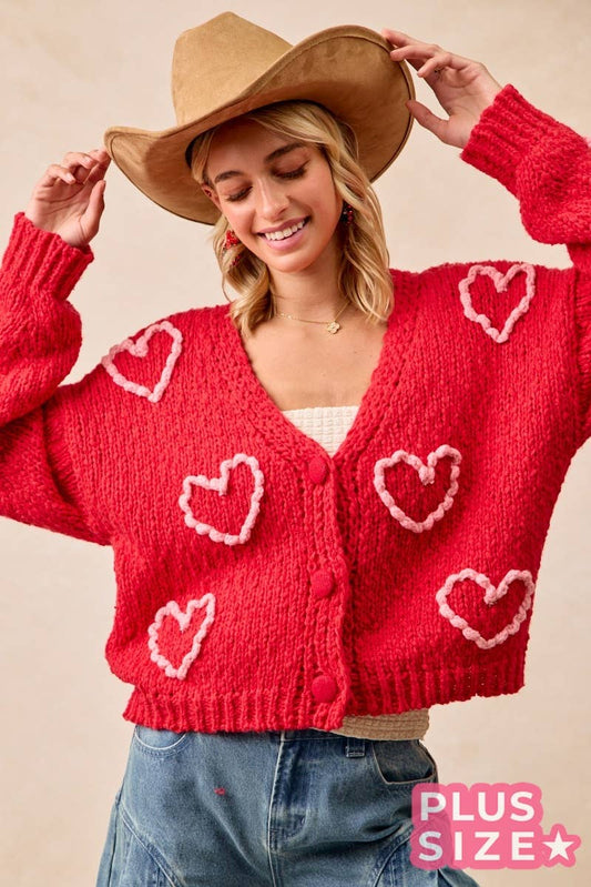 Heart Print Pom Pom Knit Cardigan