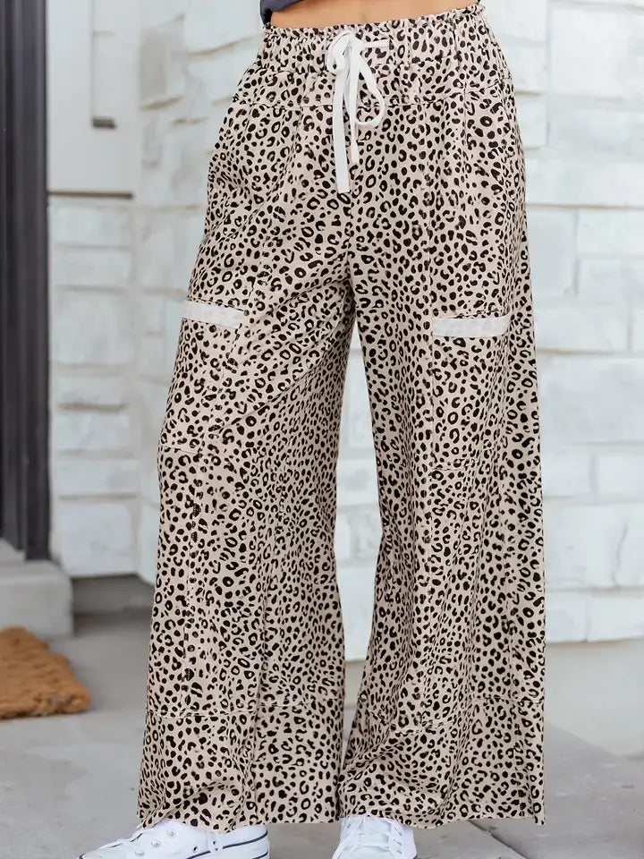 Leopard Animal Print Wide Leg Terry Knit Pants