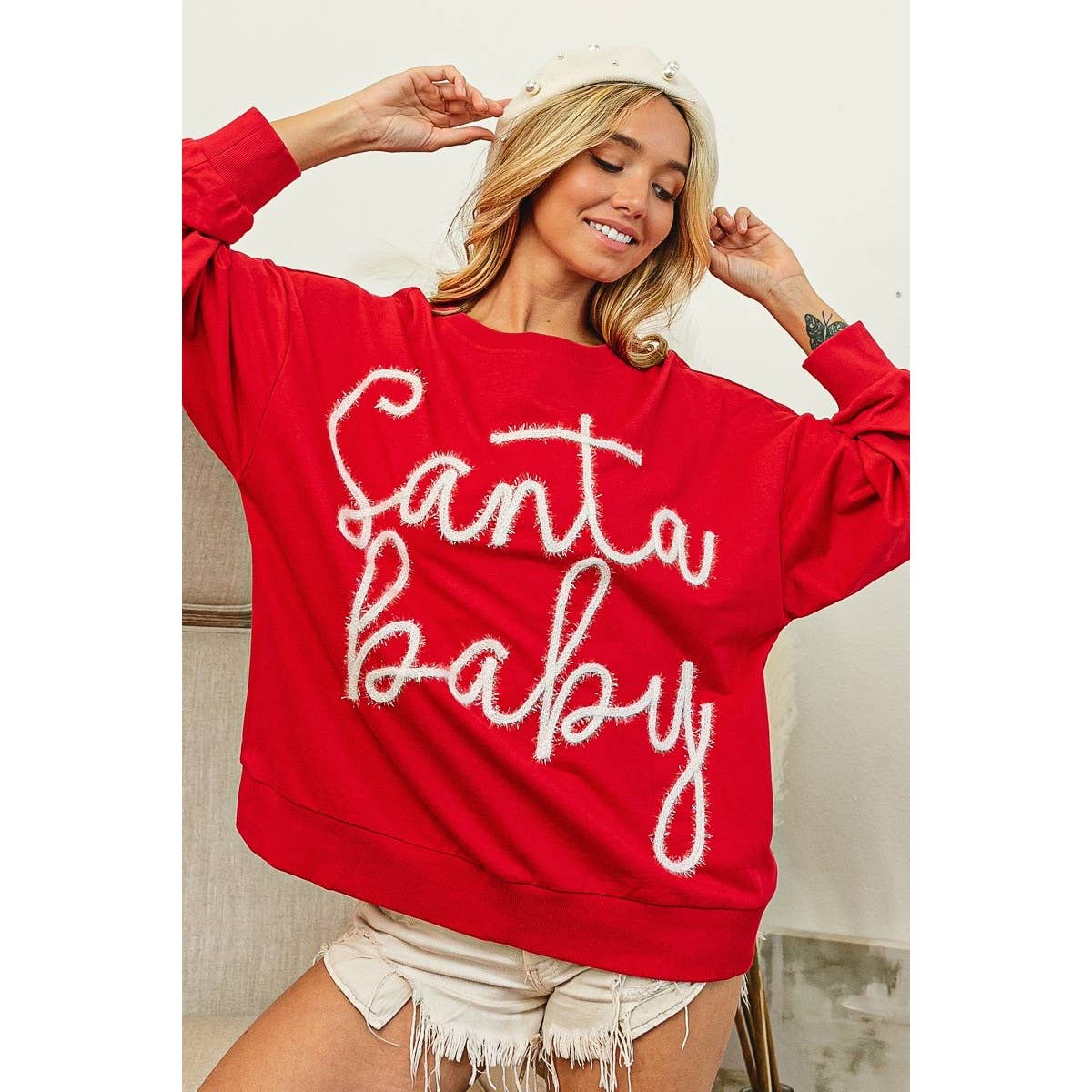 Santa Baby Tinsel Lettering Oversized Christmas Sweatshirt
