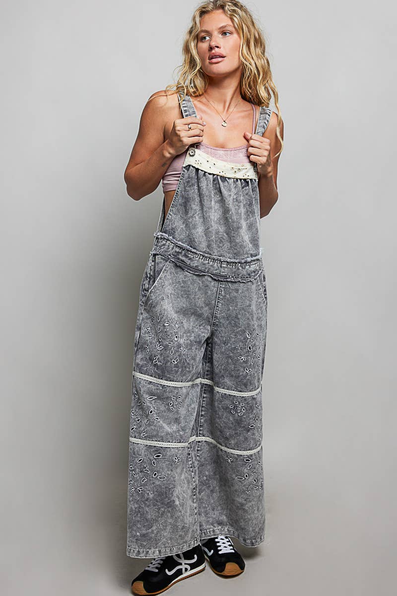 Laser-Cut Trim Accent Twill Denim Wide Leg Overalls