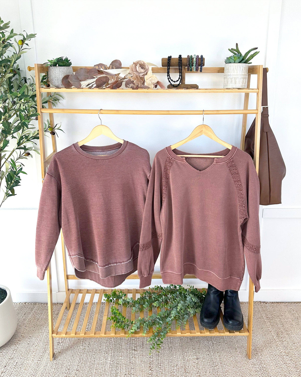 Vintage Lace Accent Washed Pullover – Mocha Brown