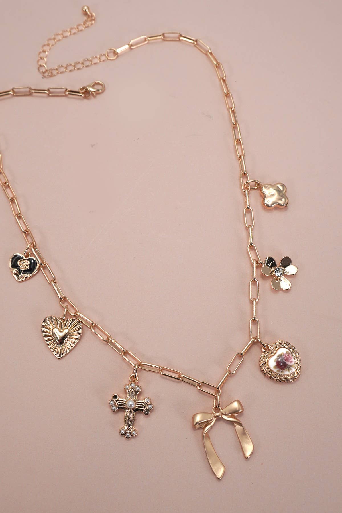 Vintage Charm Necklace – Floral Heart, Bow, Cross & Heart