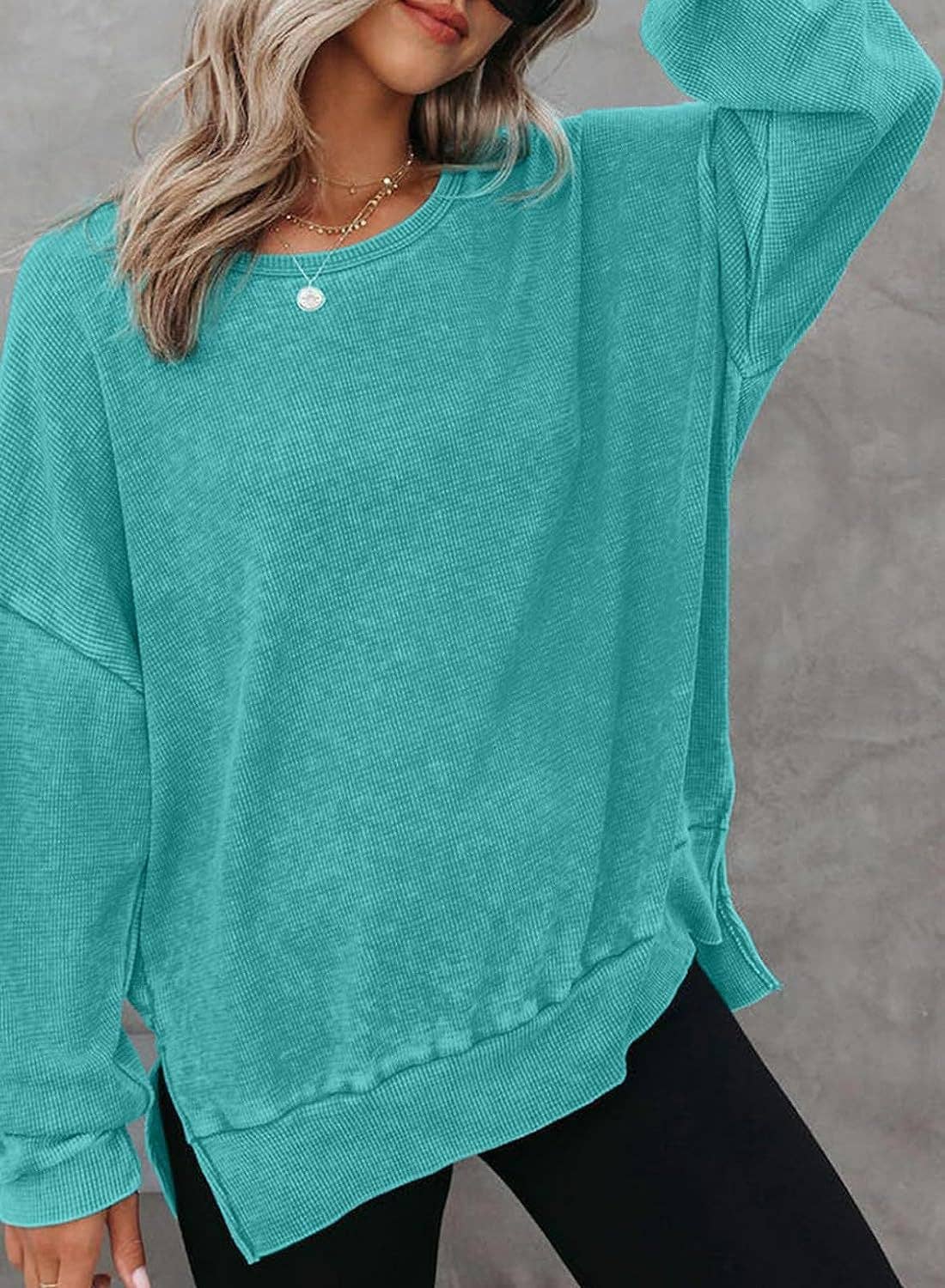 Solid Waffle Top Casual Oversized Drop Shoulder Pullover