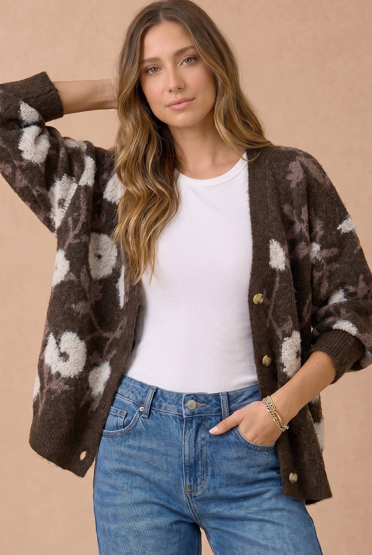 Plus Oversized Floral Jacquard Cardigan