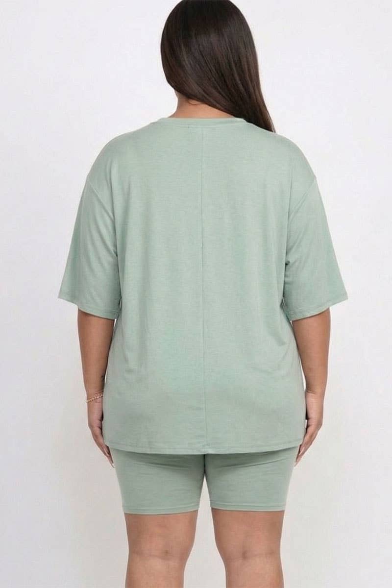Plus Size Biker Shorts Set – Oversized Top & High Waisted Shorts Lounge Set