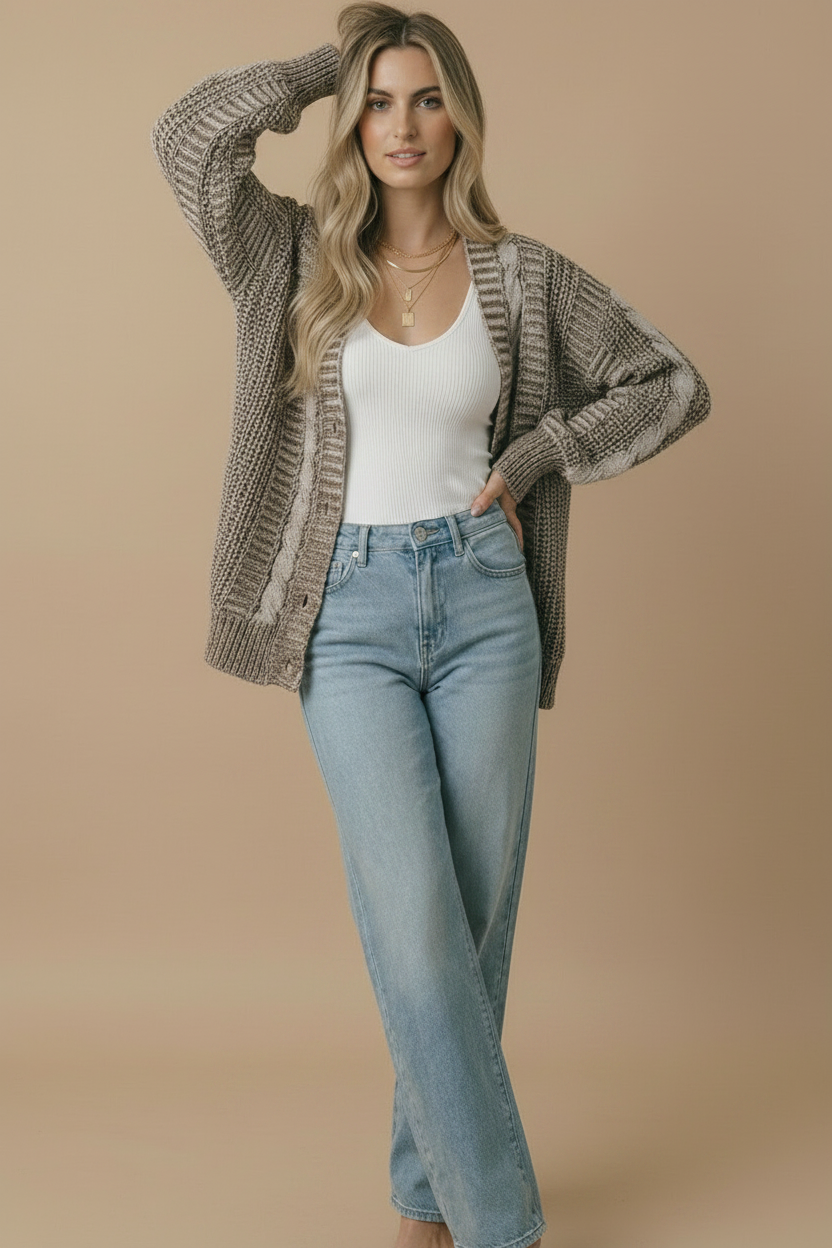Two-Tone Chunky Cable Knit Button-Down Cardigan