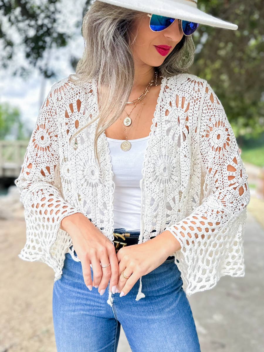 Ivory Floral Open Front Long Sleeve Crochet Cardigan