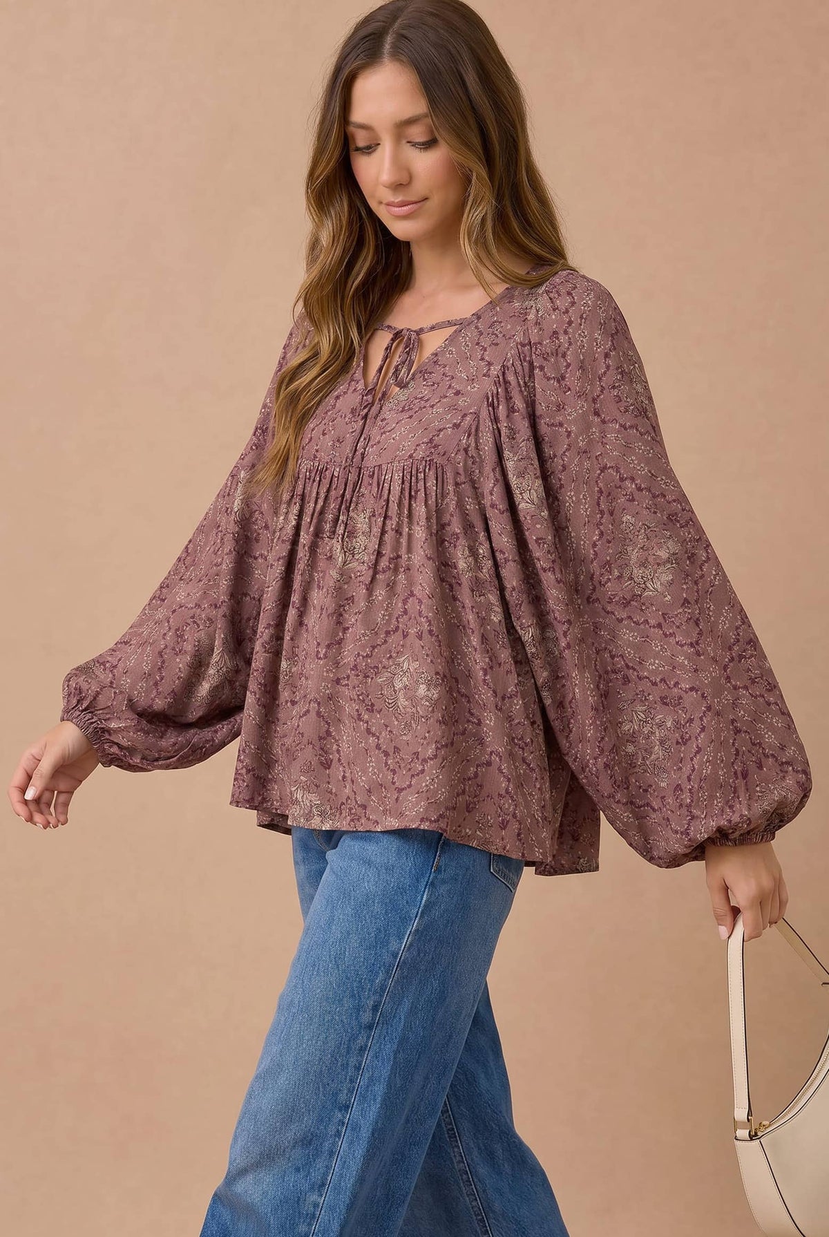 Mauve Floral Boho Peasant Blouse