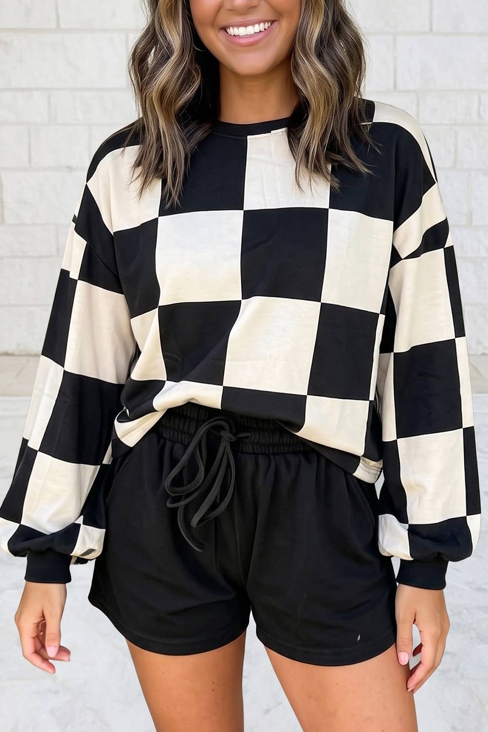 Plaid Long Sleeve Two Piece Set Shift Pantsuit S–4X