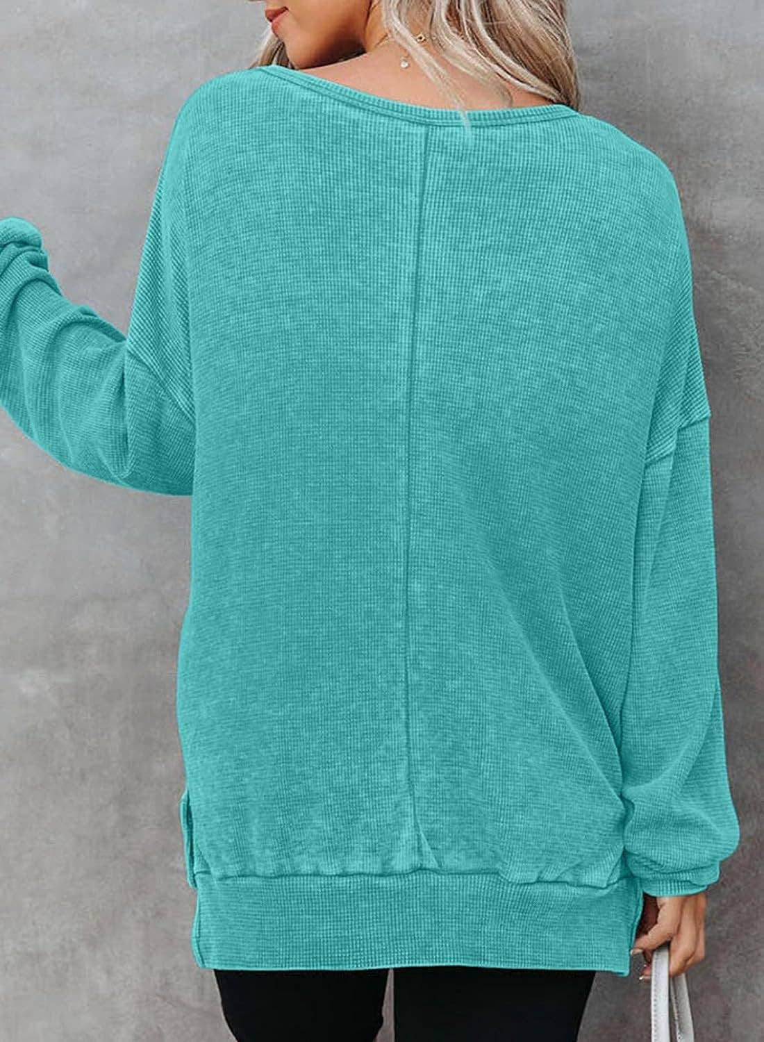 Solid Waffle Top Casual Oversized Drop Shoulder Pullover