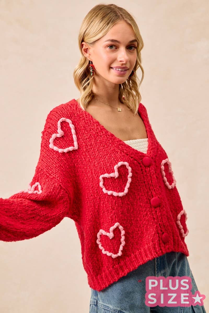 Heart Print Pom Pom Knit Cardigan