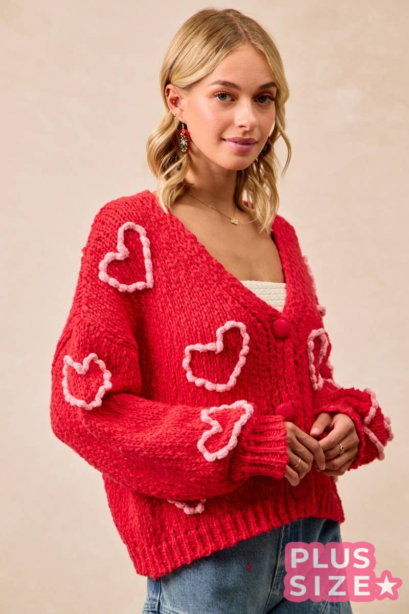 Heart Print Pom Pom Knit Cardigan