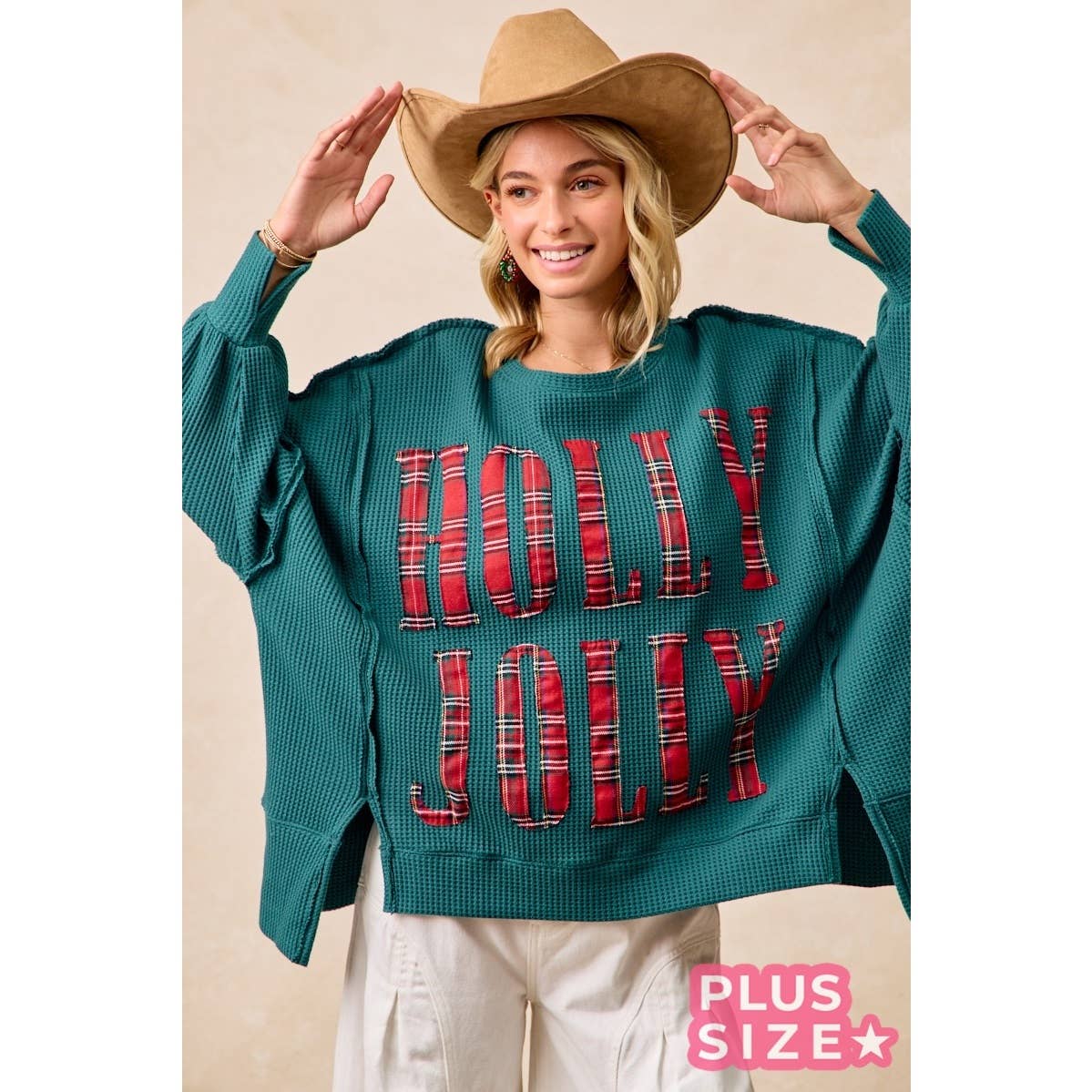 Holly Jolly Plaid Oversized Waffle Knit Christmas Sweatshirt