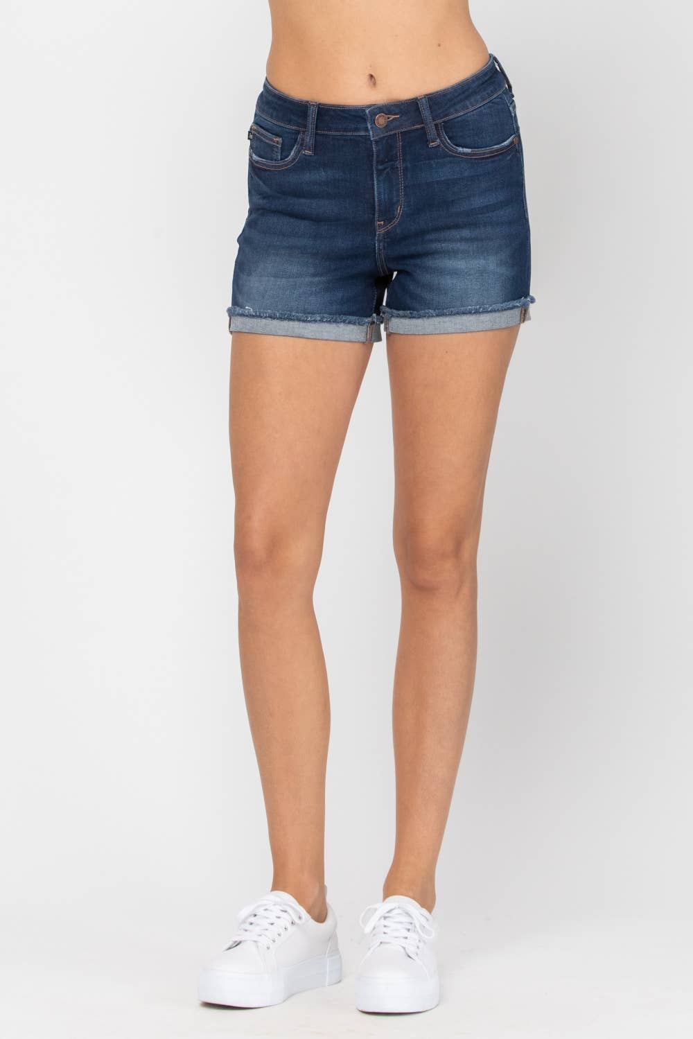 Judy Blue Mid-Rise Cuffed Denim Shorts – Dark Wash Women’s Jean Shorts