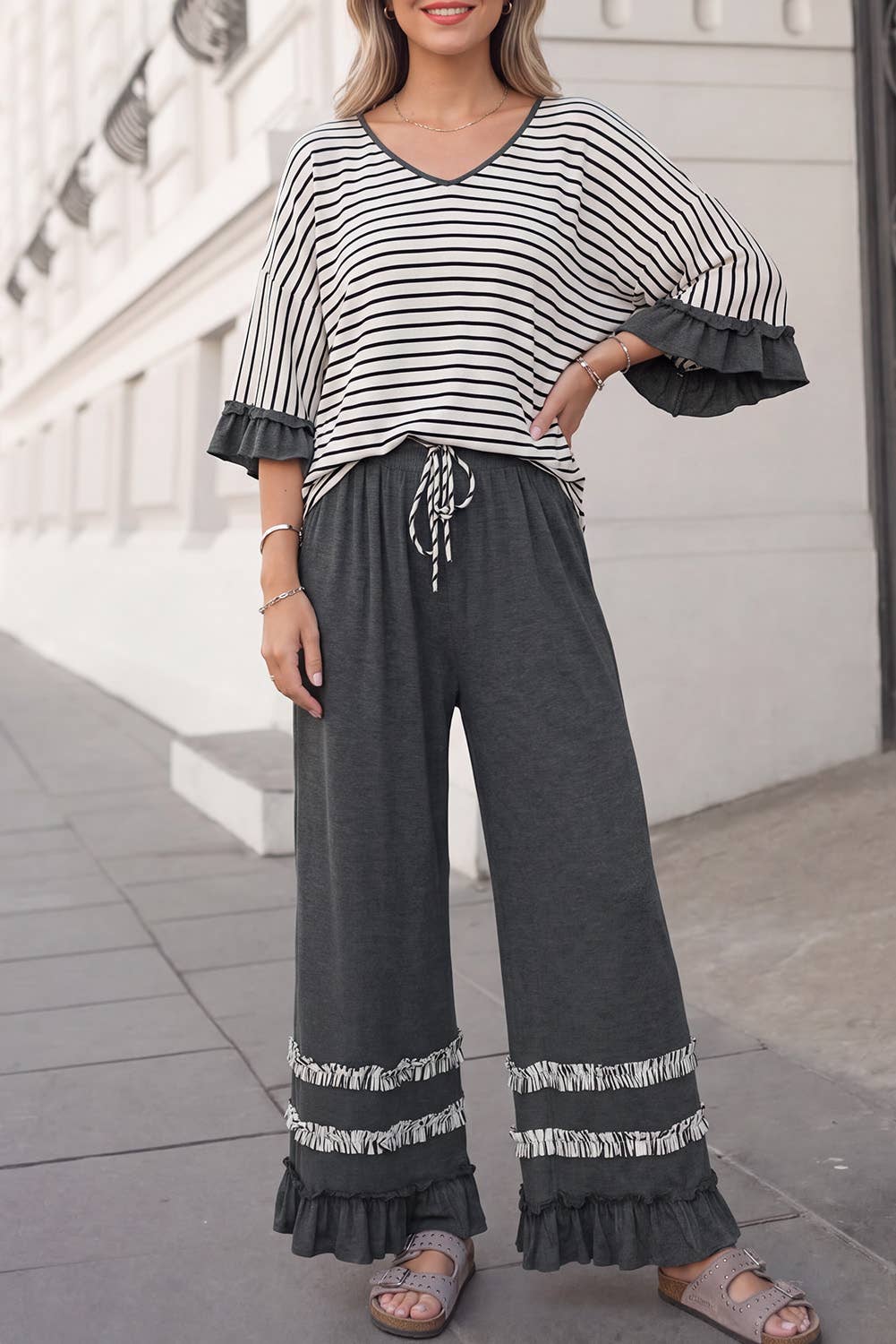Ruffle & Stripe Wide Leg Pant Set