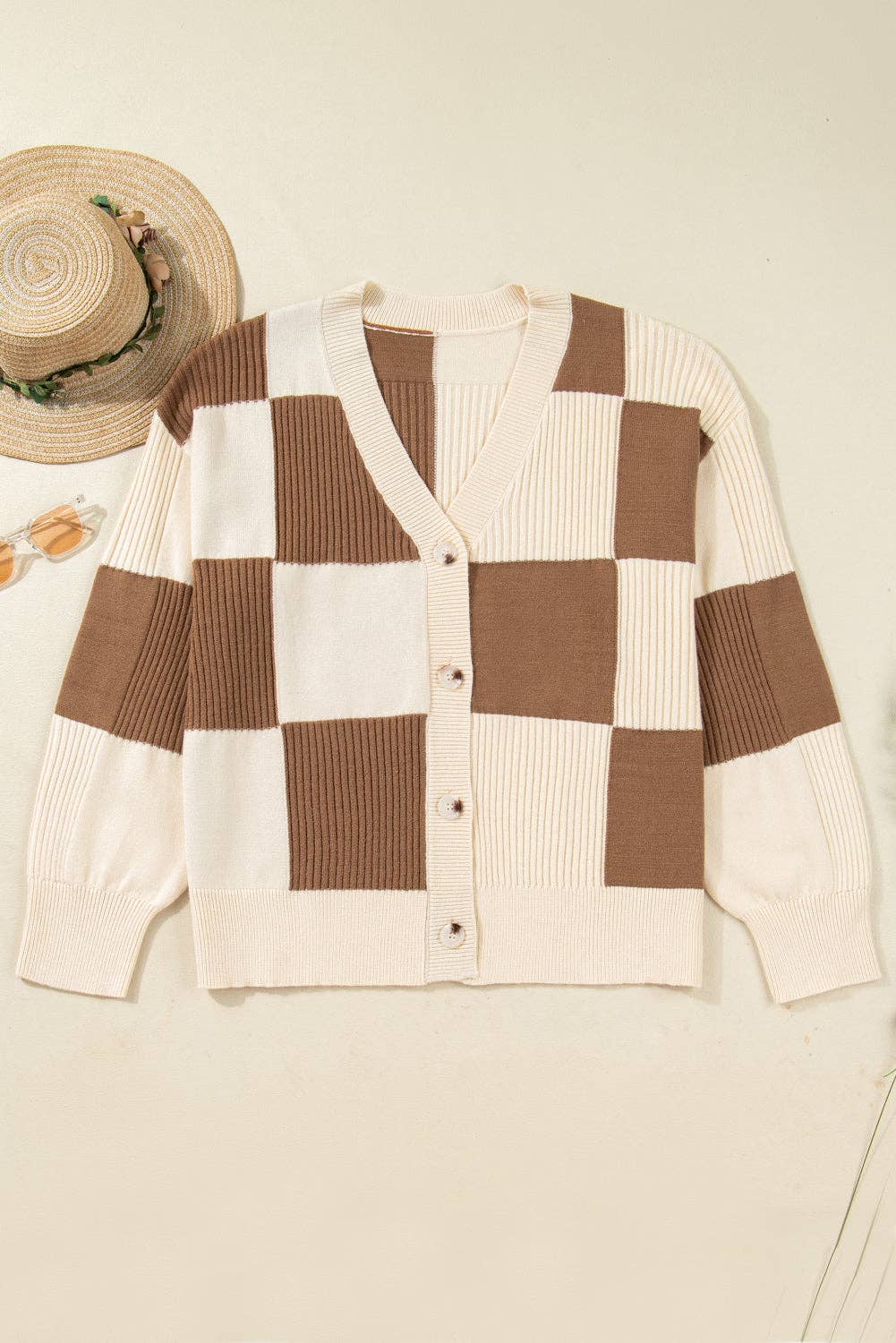 Plus Size Checker Ribbed Buttoned V-Neck Cardigan