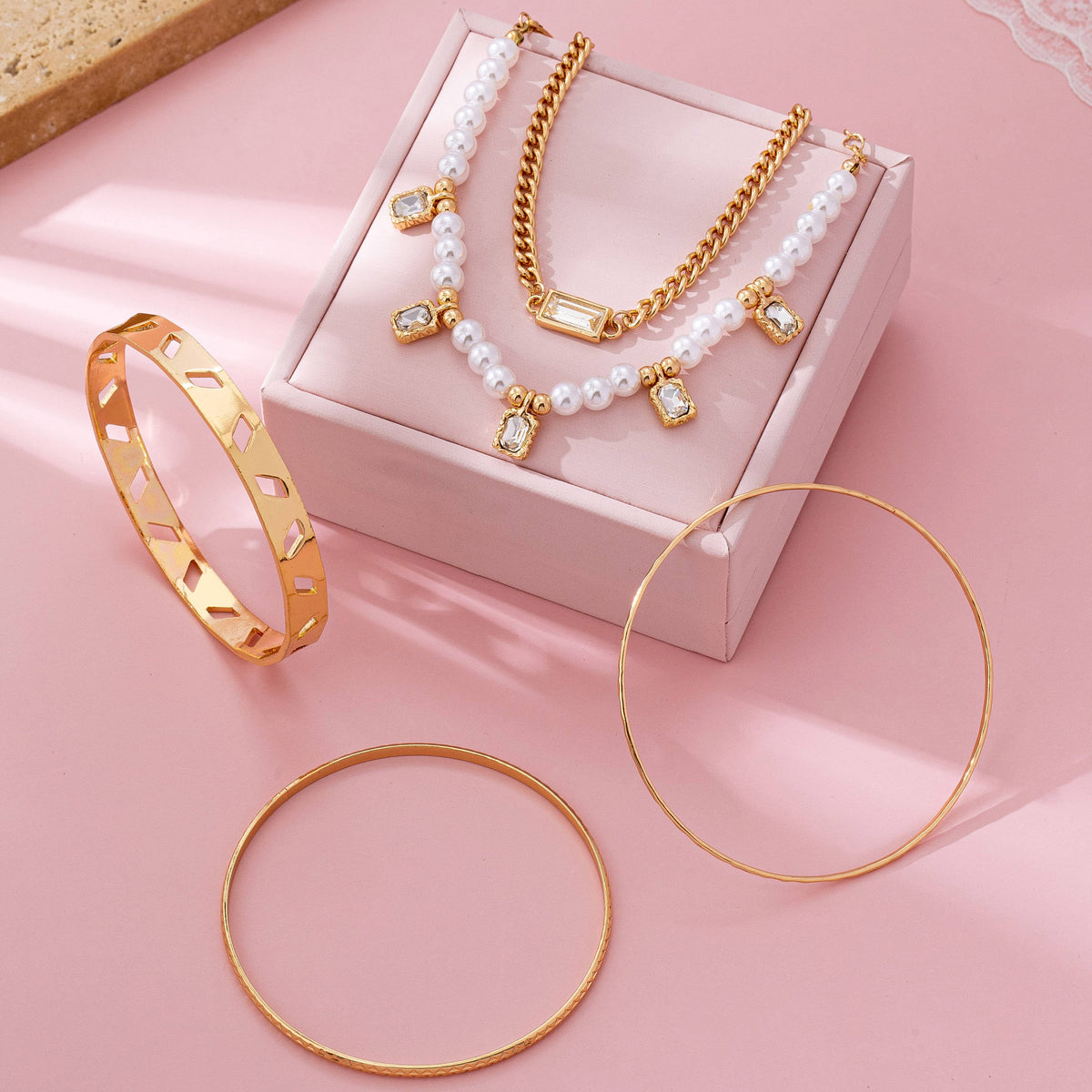 Golden Glow Pearl & Crystal Bracelet Stack