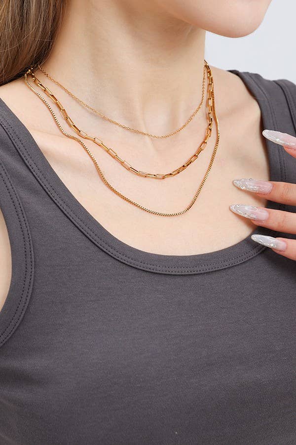 Gold Stainless Steel Layered Link & Box Chain Necklace