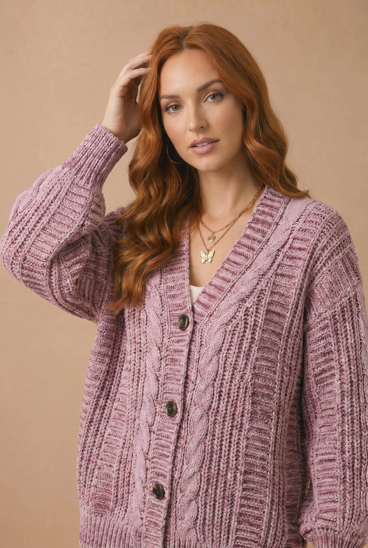 Two-Tone Chunky Cable Knit Button-Down Cardigan