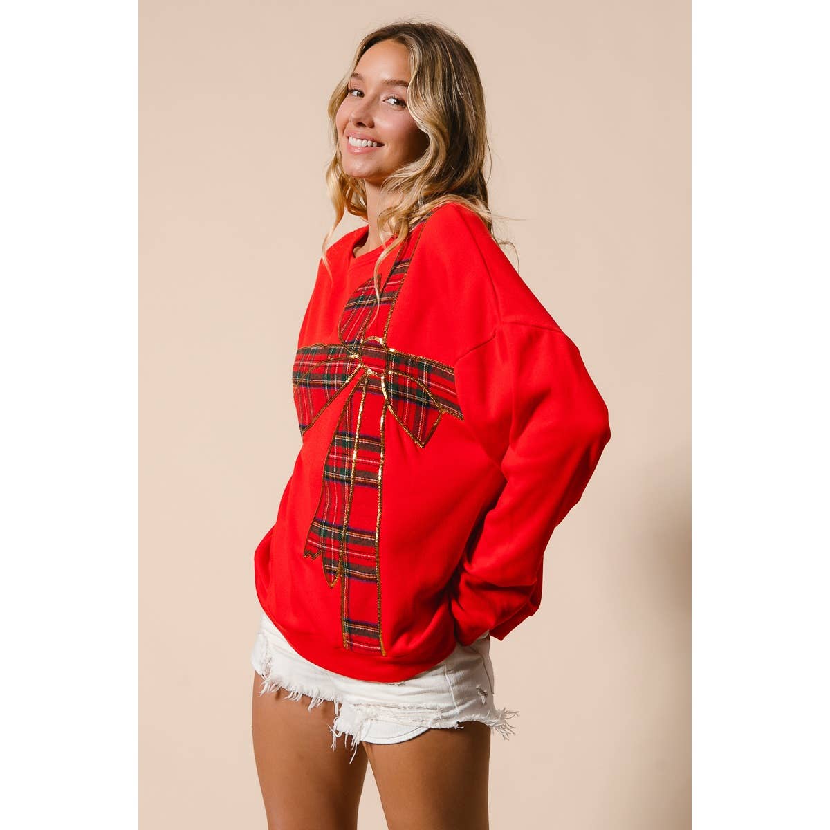 Christmas Plaid Bow Oversized Fleece Sweatshirt