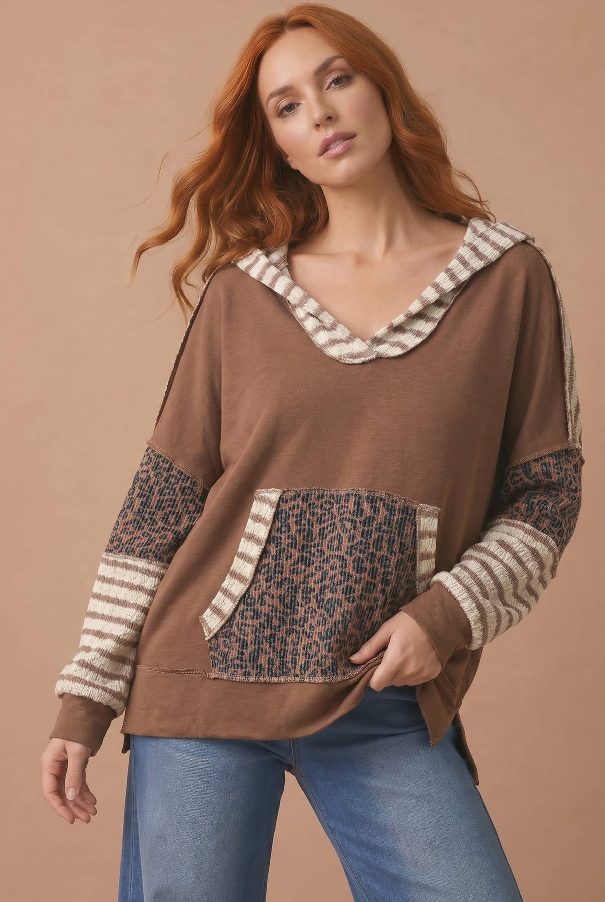 Plus Leopard Mixed Kangaroo Pocket Pullover Hoodie