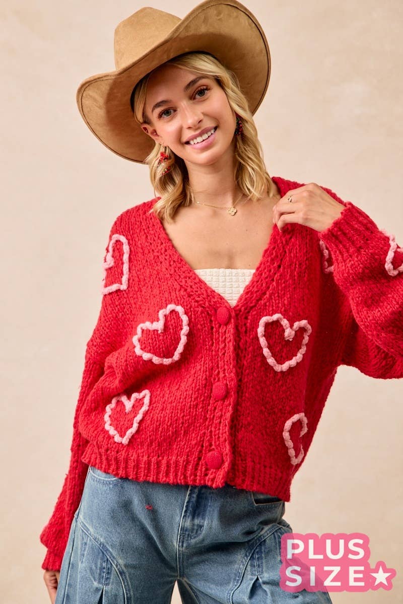 Heart Print Pom Pom Knit Cardigan