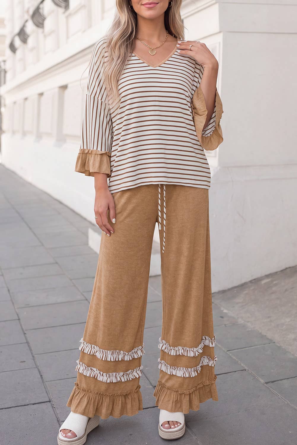 Ruffle & Stripe Wide Leg Pant Set