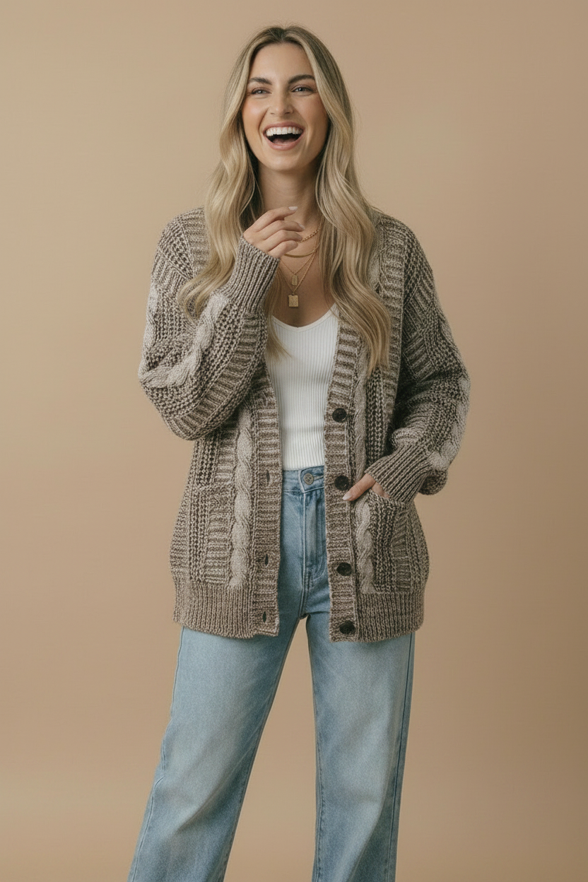 Two-Tone Chunky Cable Knit Button-Down Cardigan