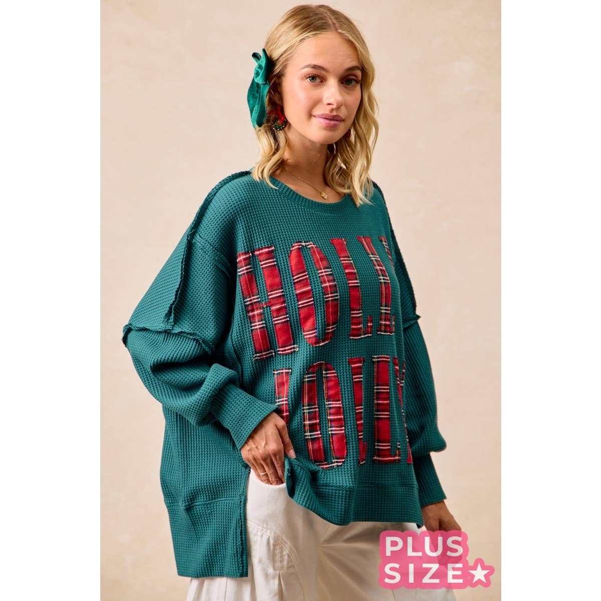 Holly Jolly Plaid Oversized Waffle Knit Christmas Sweatshirt