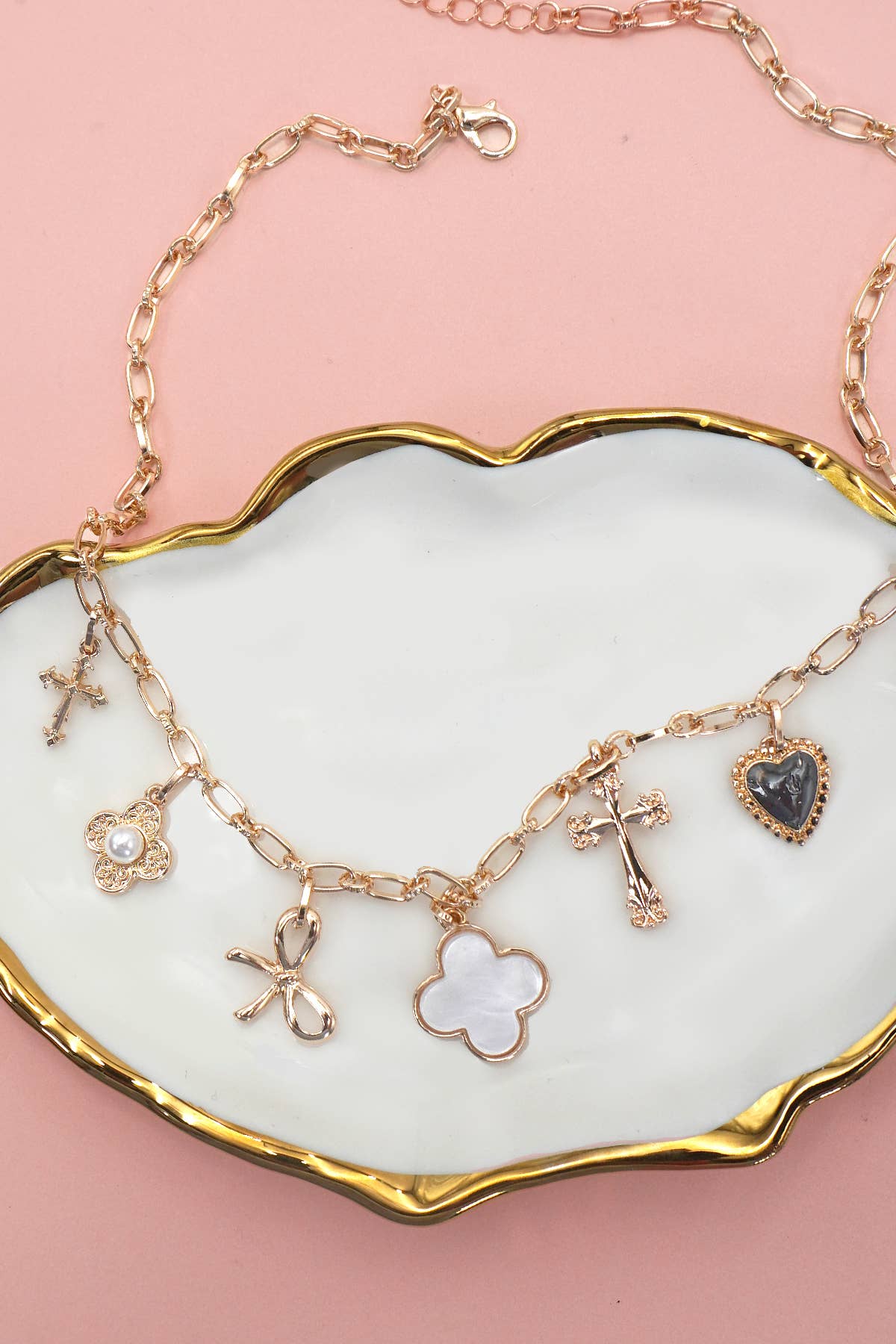 Porcelain Charm Necklace – Clover, Bow, Cross, Heart and Flower