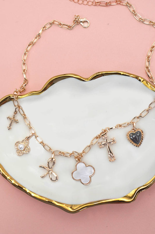 Porcelain Charm Necklace – Clover, Bow, Cross, Heart and Flower