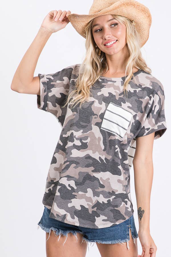 Camo Print Pocket Top – Women’s Striped Short Sleeve Casual Tee