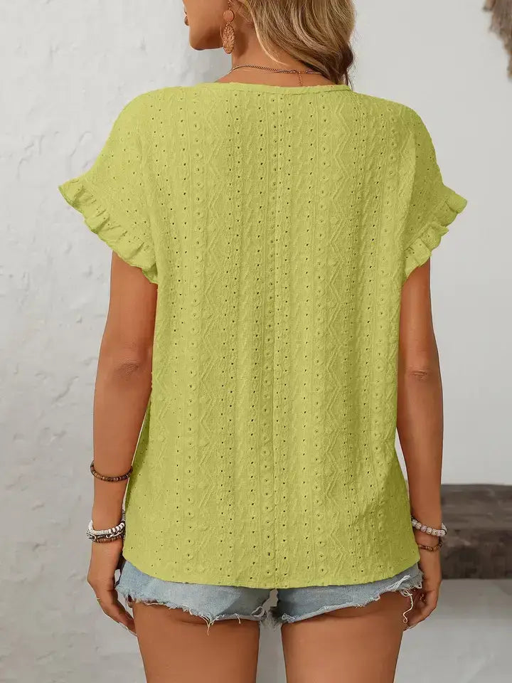 Light Blue Hollow-Out Crewneck Short Sleeve Summer Top
