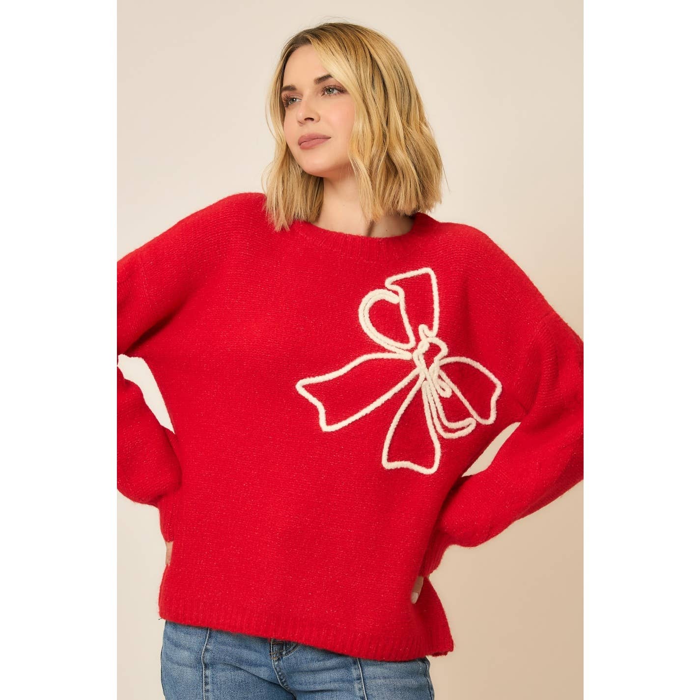 Soft Brushed Embroidered Bow Knit Sweater